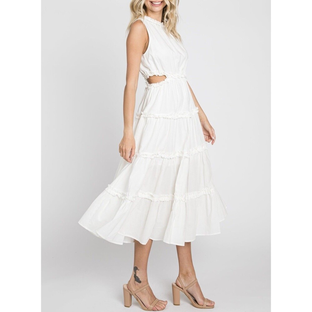 &Merci Women’s White Ruffle Tiered Cut-Out Midi Cottage Beach Dress Size Large - Picture 2 of 15
